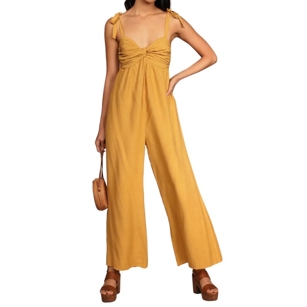 Lulu’s Out In the Sunshine Jumpsuit Small Yellow Tie-Strap Twist-Front Wide Leg
